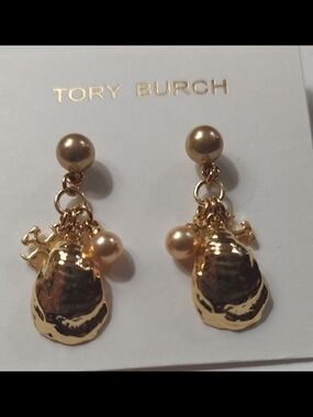 Tory Burch Gold Shell Drop Earrings with Pearl Accents